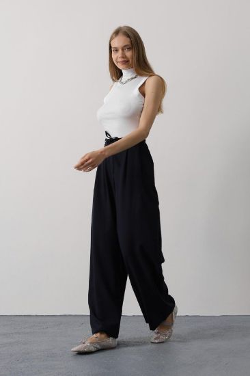 Pileli Bağcıklı Oversize Pantolon - Lacivert resmi